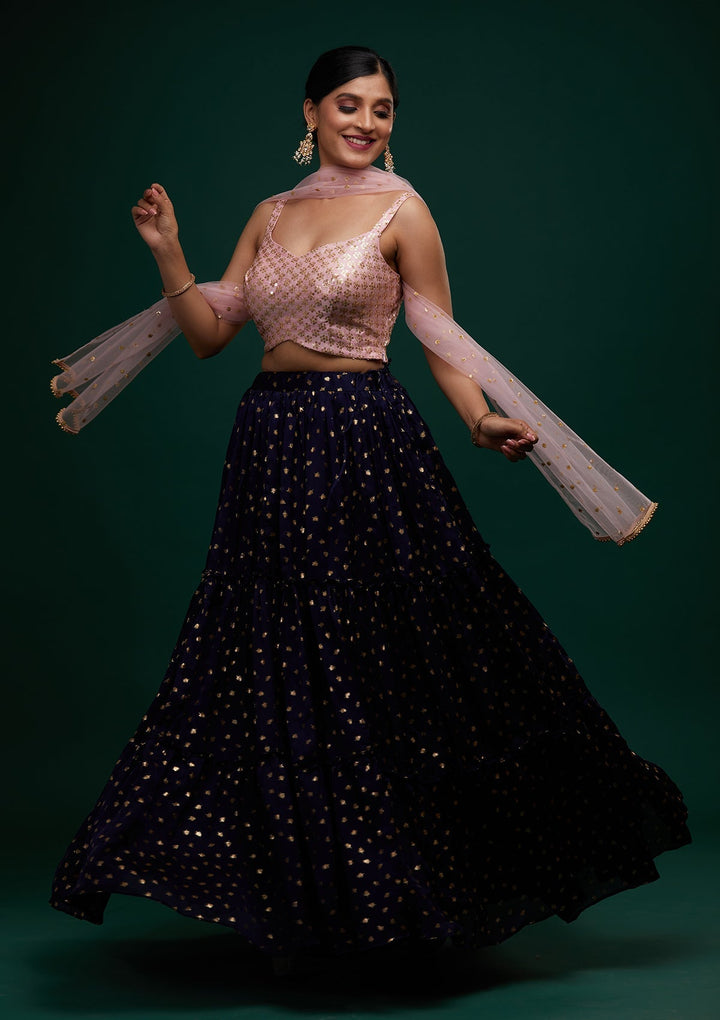 Navy Blue Sequins Semi Crepe Designer Lehenga - Koskii