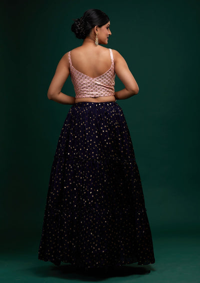 Navy Blue Sequins Semi Crepe Designer Lehenga - Koskii