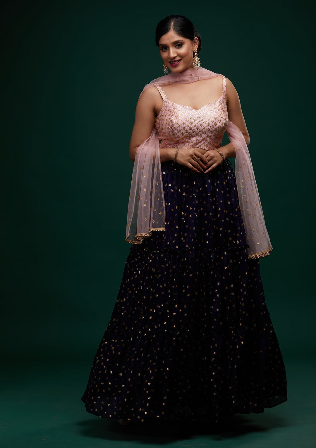 Navy Blue Sequins Semi Crepe Designer Lehenga - Koskii