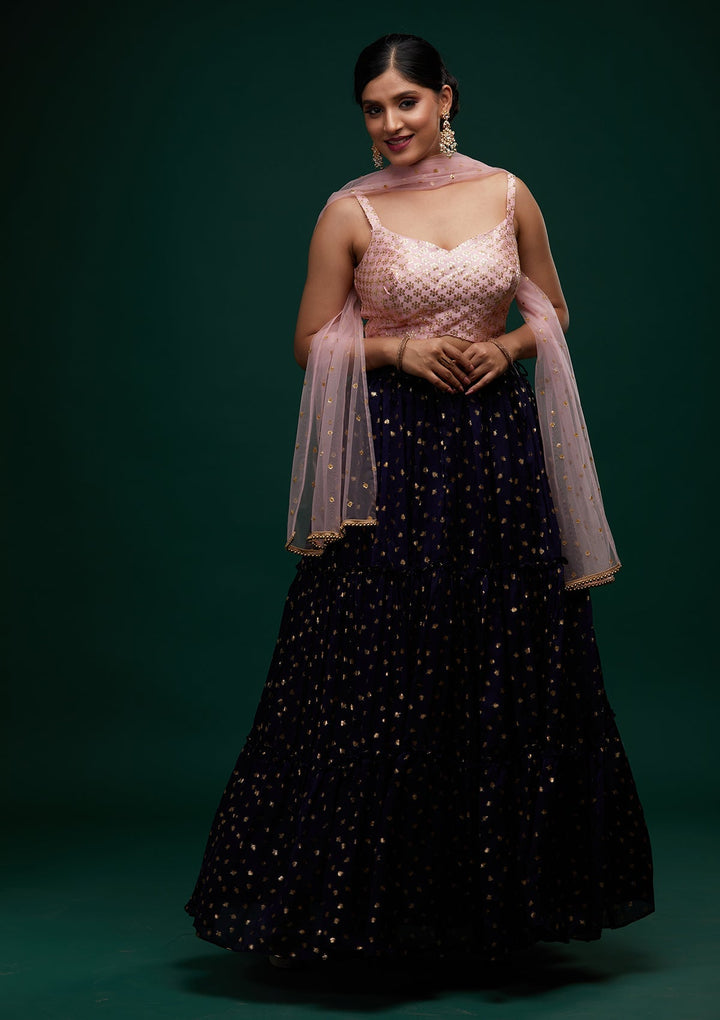 Navy Blue Sequins Semi Crepe Designer Lehenga - Koskii