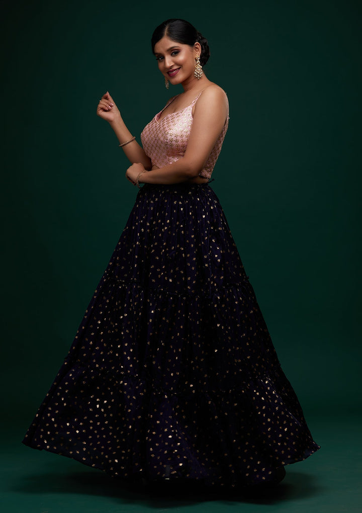 Navy Blue Sequins Semi Crepe Designer Lehenga - Koskii