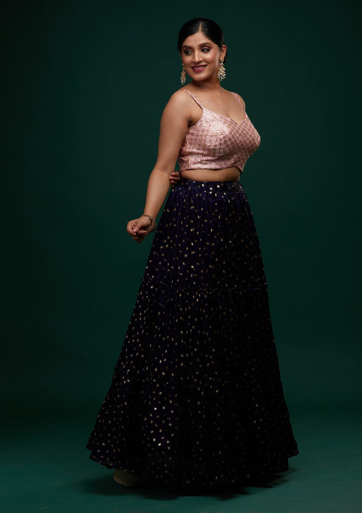 Navy Blue Sequins Semi Crepe Designer Lehenga - Koskii