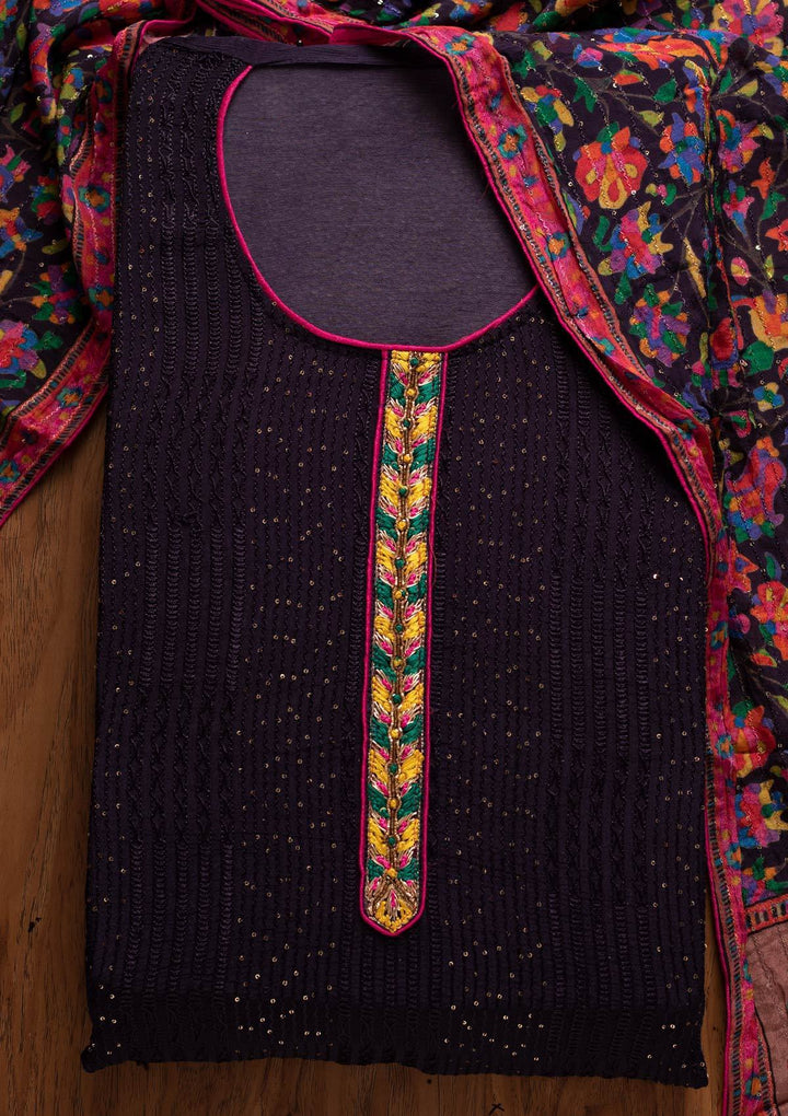 Navy Blue Sequins Semi Crepe Designer Semi-Stitched Salwar Suit - koskii