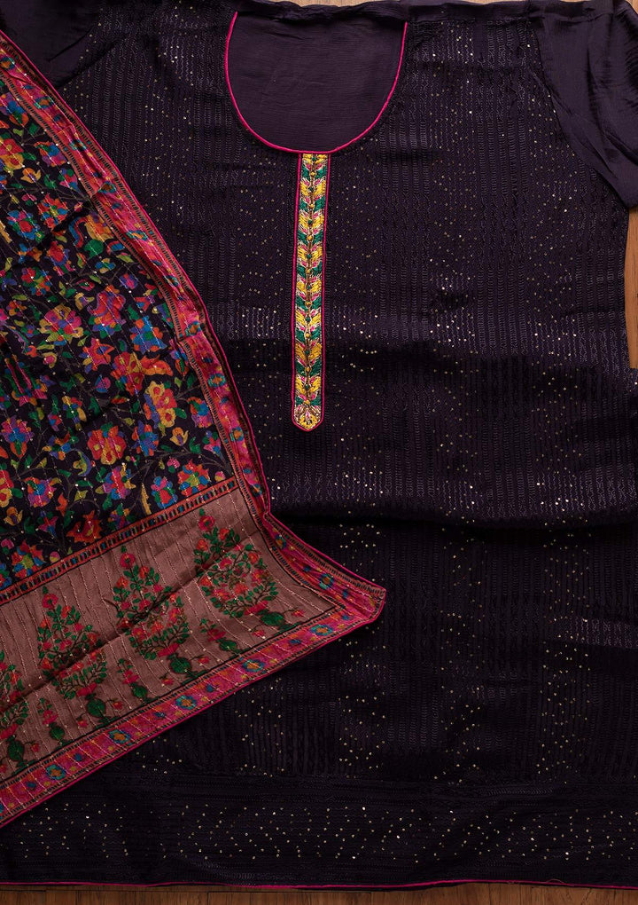 Navy Blue Sequins Semi Crepe Designer Semi-Stitched Salwar Suit - koskii