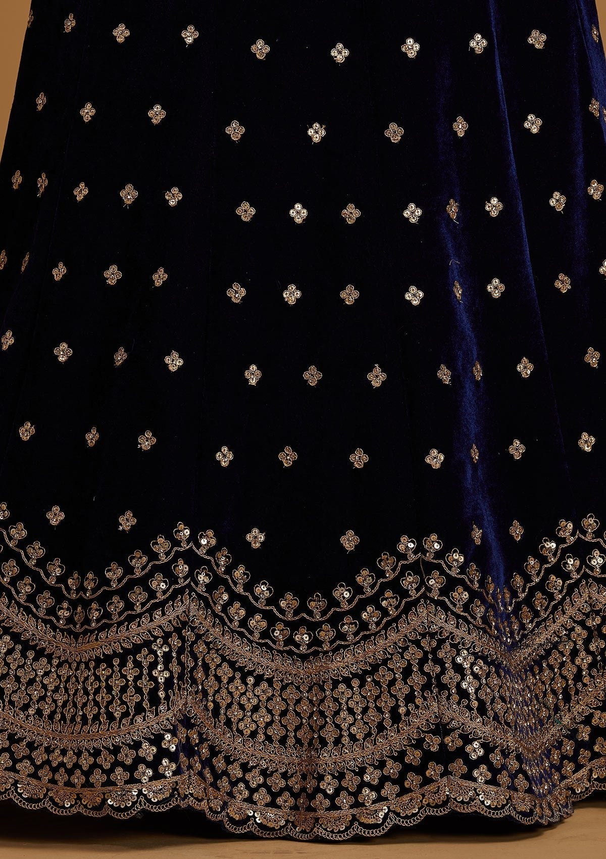 Navy Blue Sequins Velvet Designer Semi-Stitched Lehenga - koskii