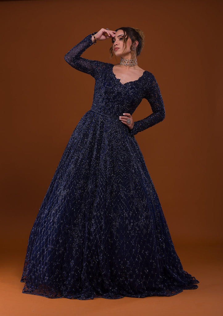 Navy Blue Silver Stonework Net Designer Gown