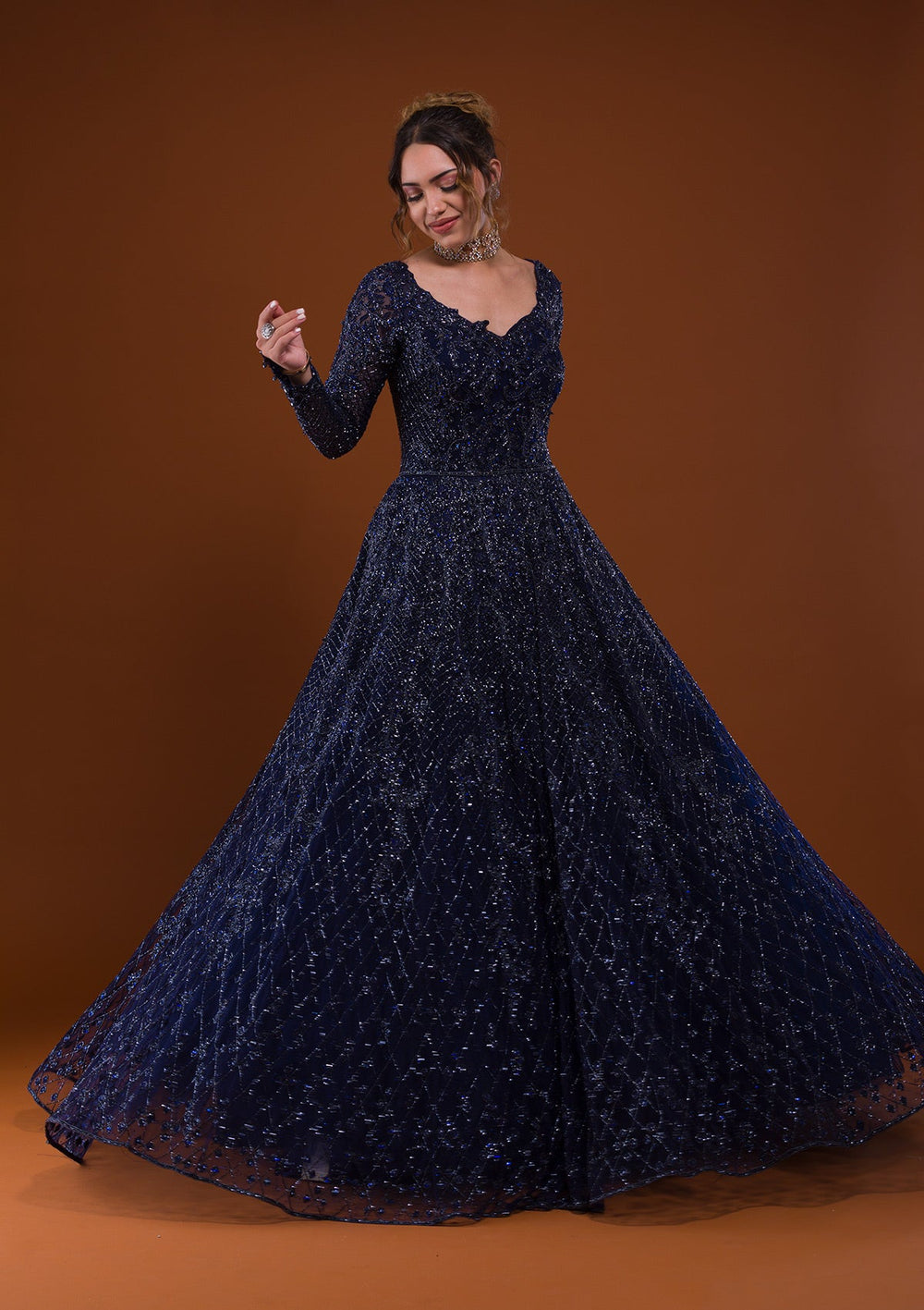 Navy Blue Silver Stonework Net Designer Gown-Koskii