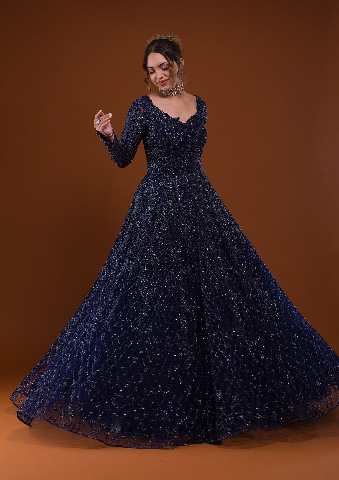 Navy Blue Silver Stonework Net Designer Gown-Koskii