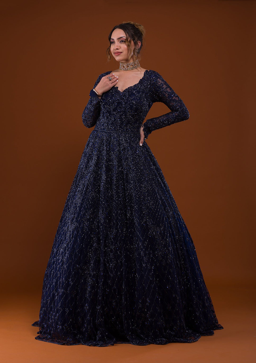 Navy Blue Silver Stonework Net Designer Gown-Koskii