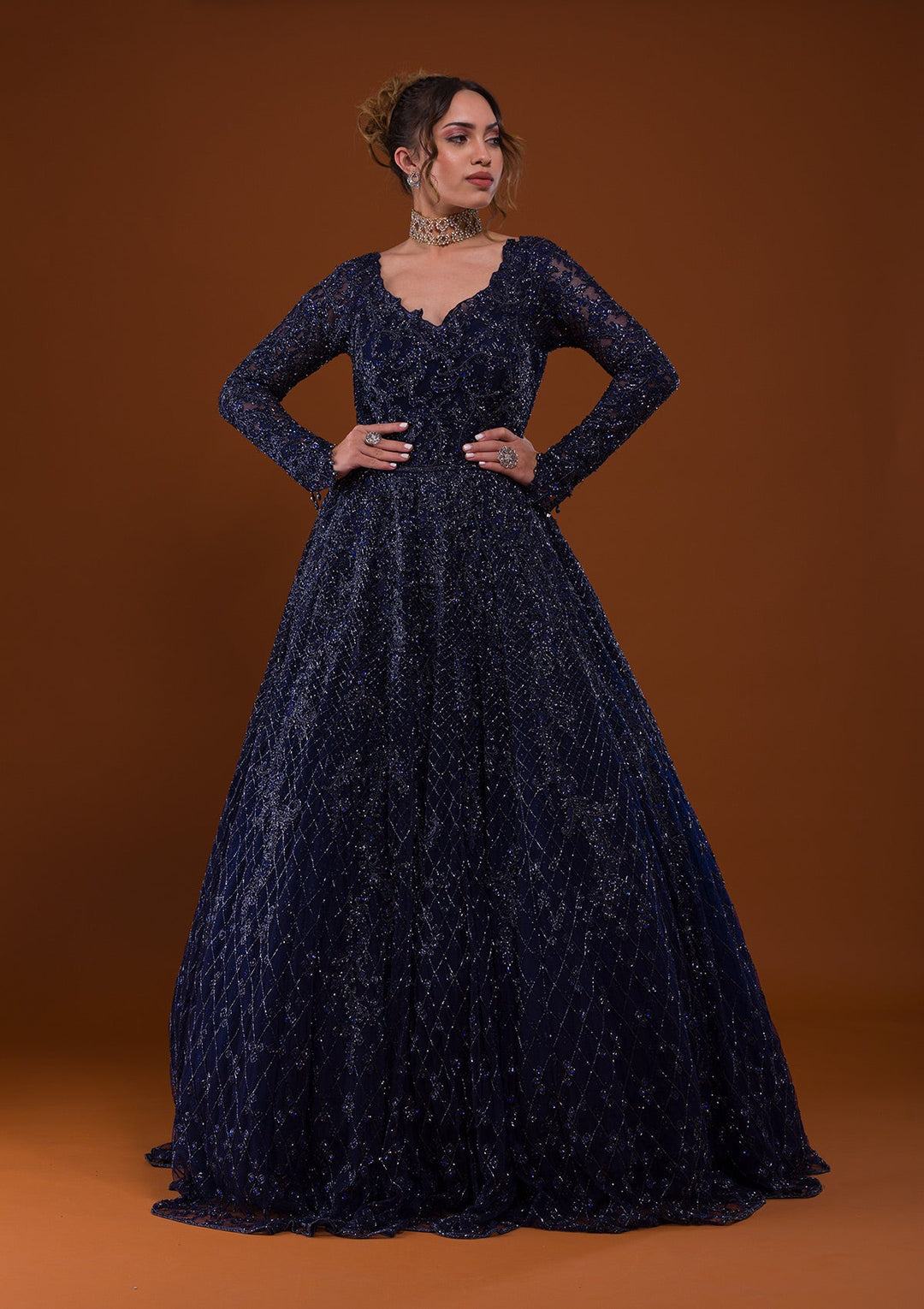 Navy Blue Silver Stonework Net Designer Gown-Koskii