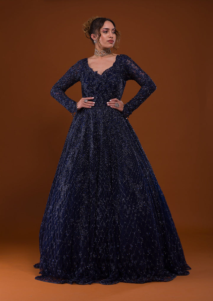 Navy Blue Silver Stonework Net Designer Gown-Koskii