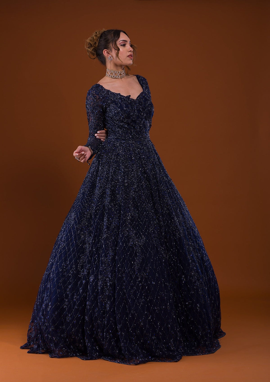 Navy Blue Silver Stonework Net Designer Gown-Koskii