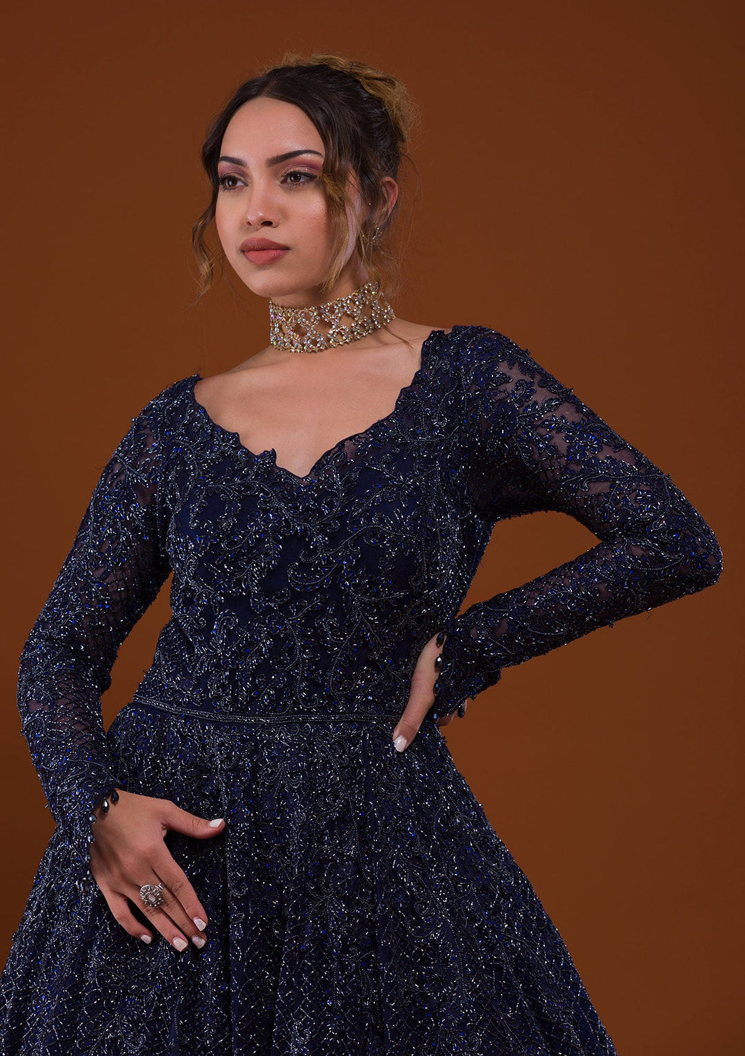 Navy Blue Silver Stonework Net Designer Gown-Koskii
