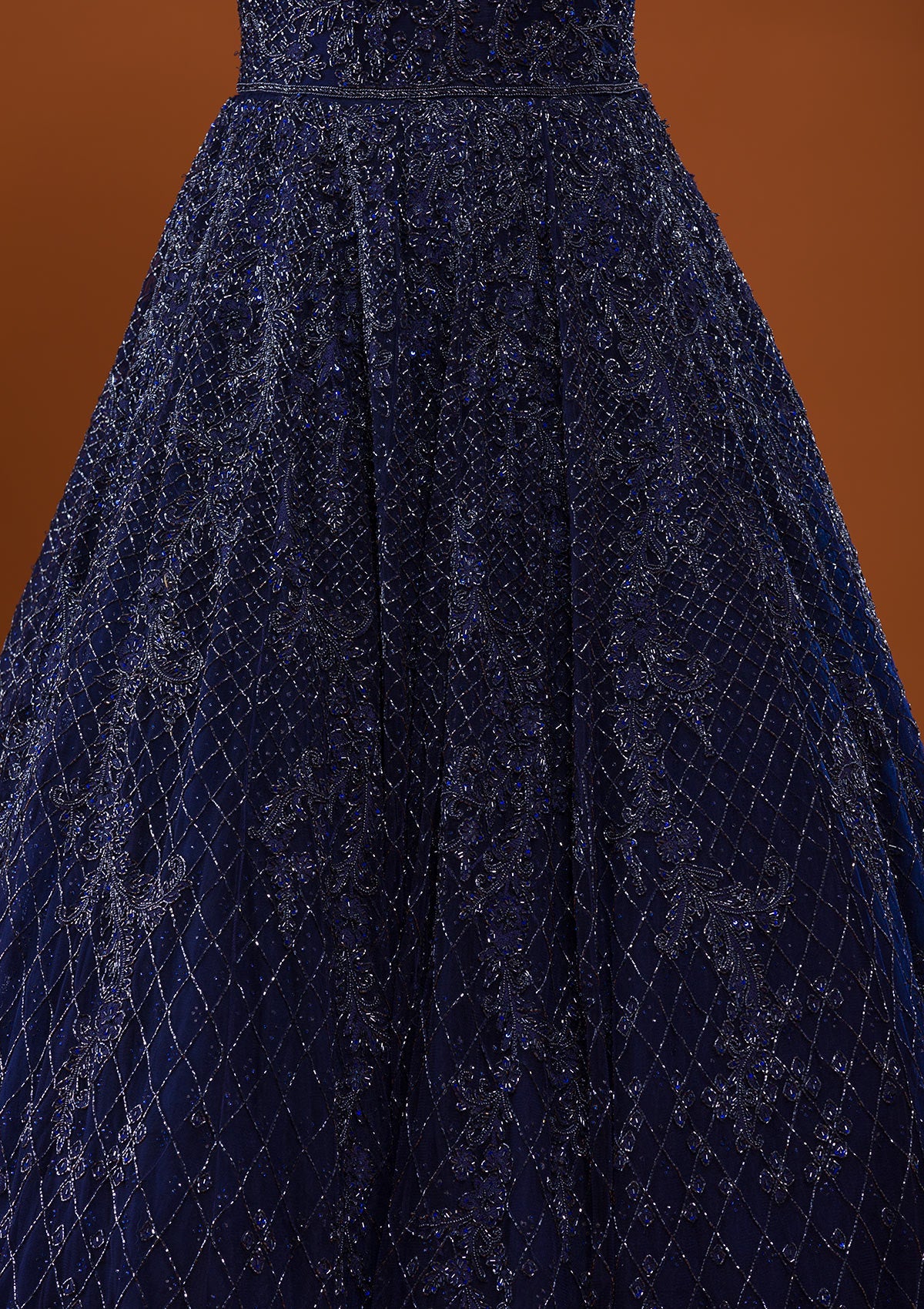 Navy Blue Silver Stonework Net Designer Gown-Koskii