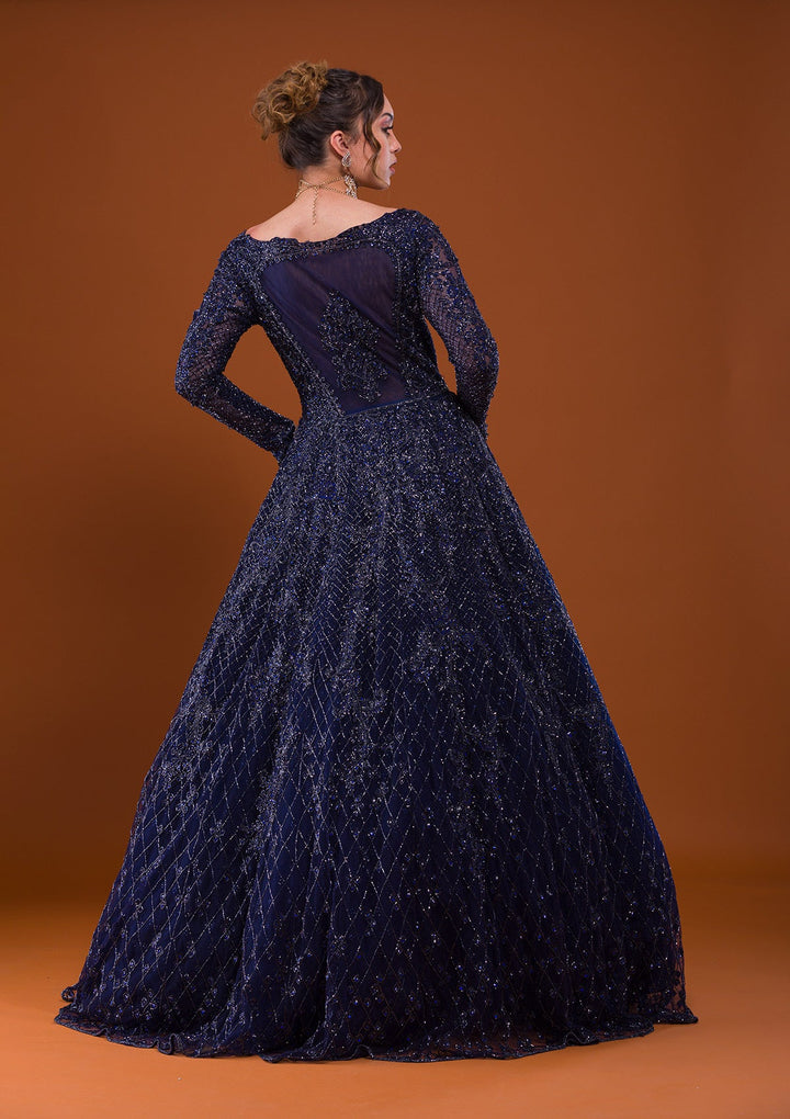 Navy Blue Silver Stonework Net Designer Gown-Koskii