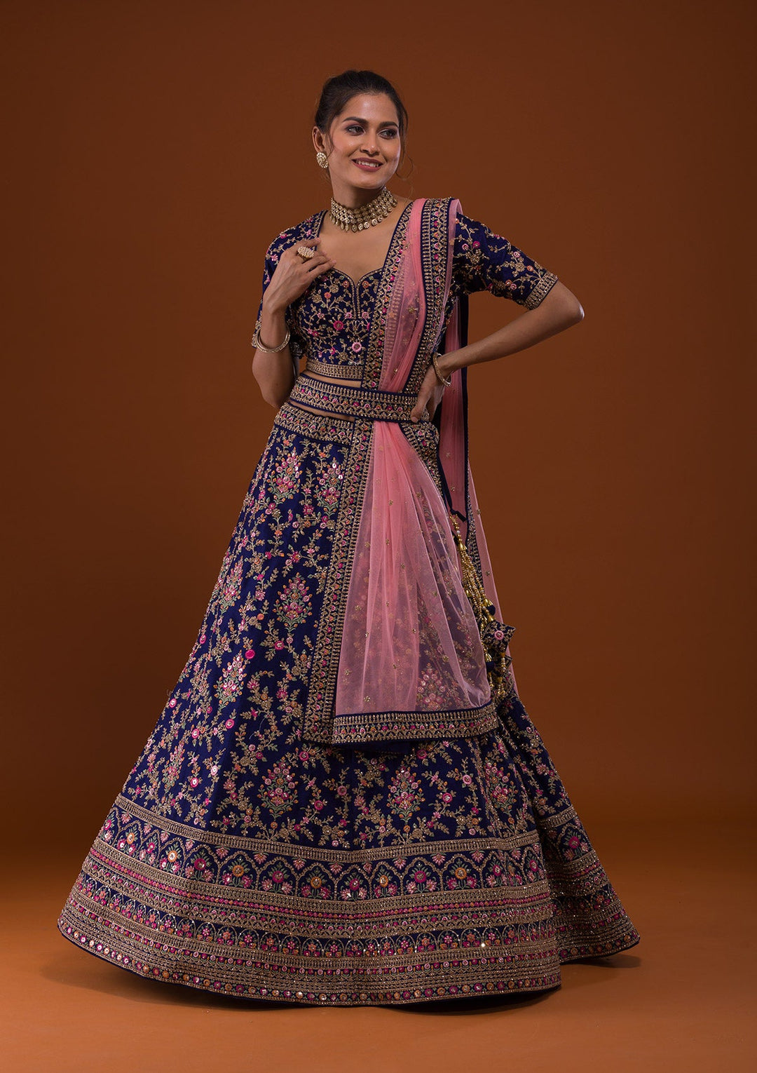 Navy Blue Silver Stonework Raw Silk Designer Lehenga-Koskii