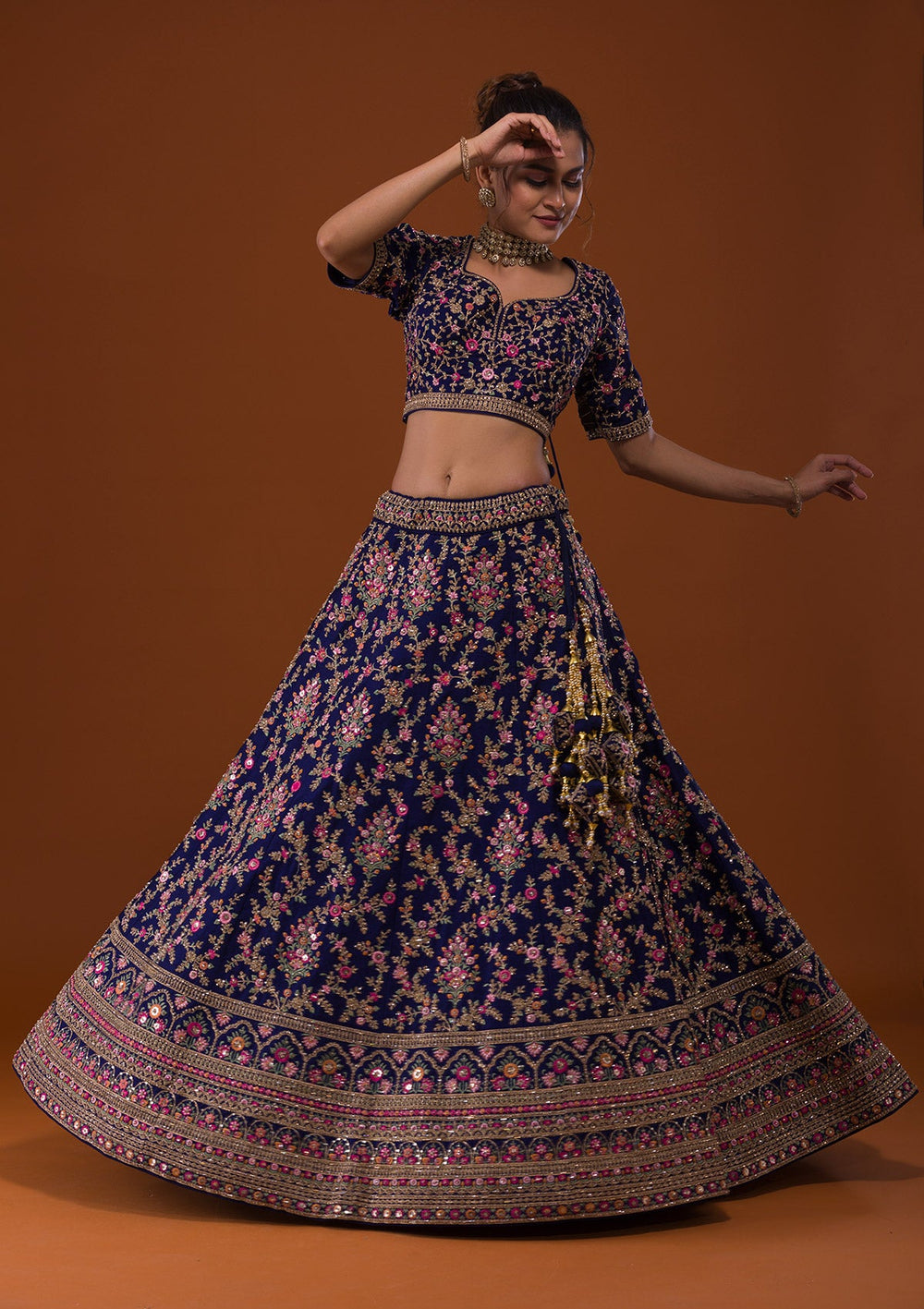 Navy Blue Silver Stonework Raw Silk Designer Lehenga-Koskii