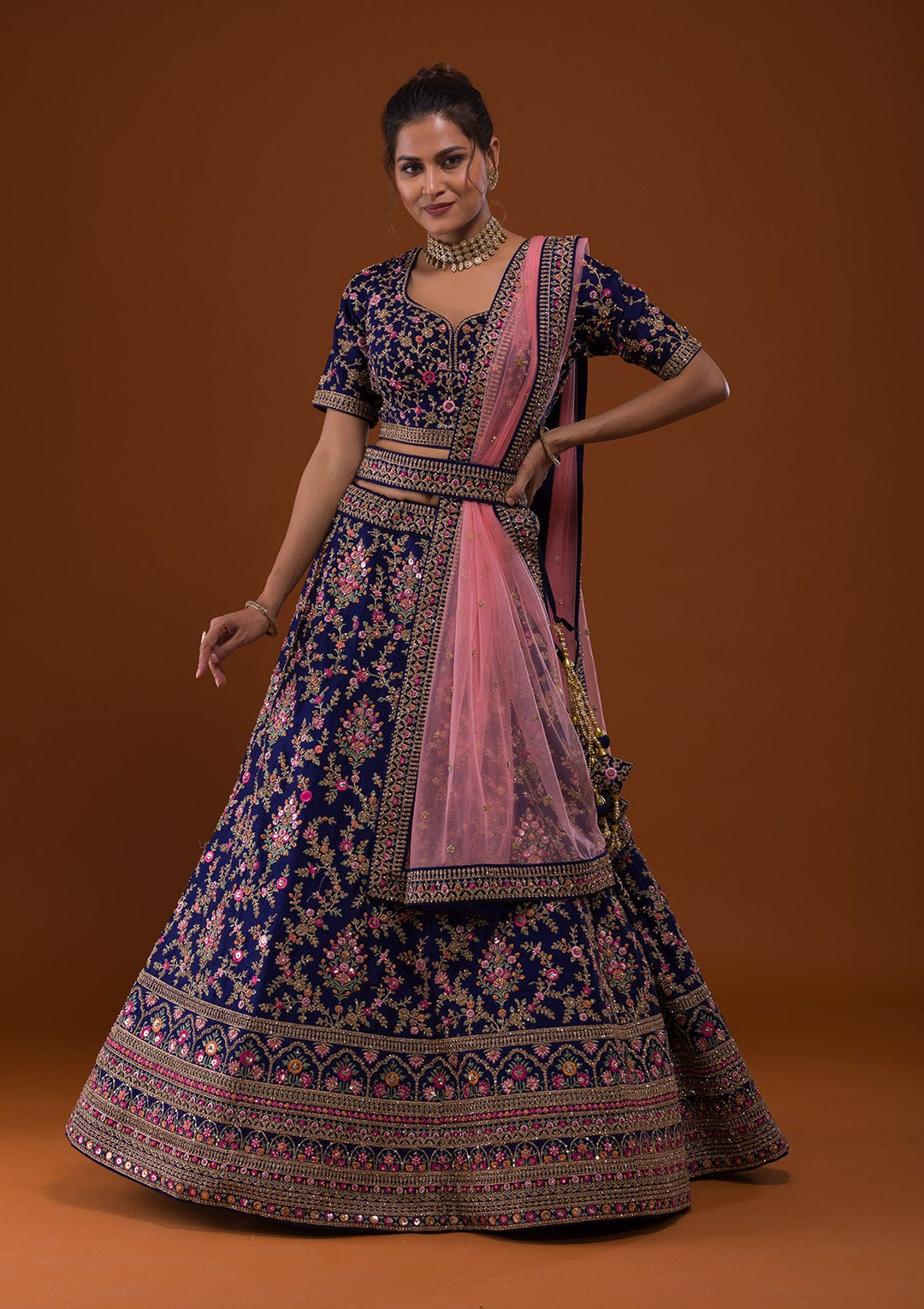 Navy Blue Silver Stonework Raw Silk Designer Lehenga-Koskii