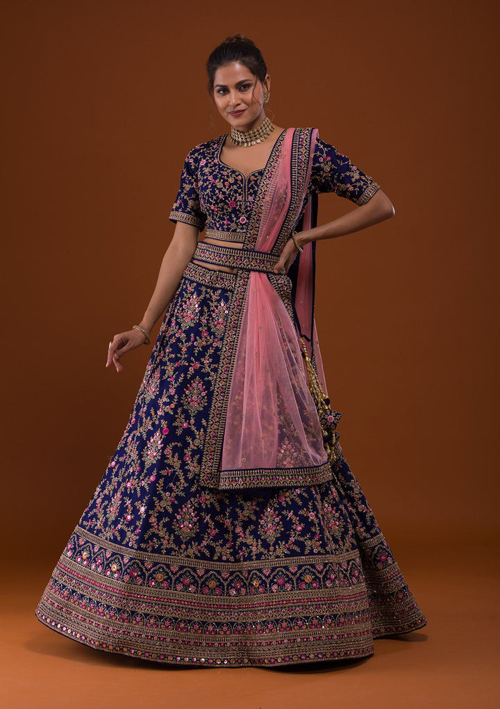 Navy Blue Silver Stonework Raw Silk Designer Lehenga-Koskii