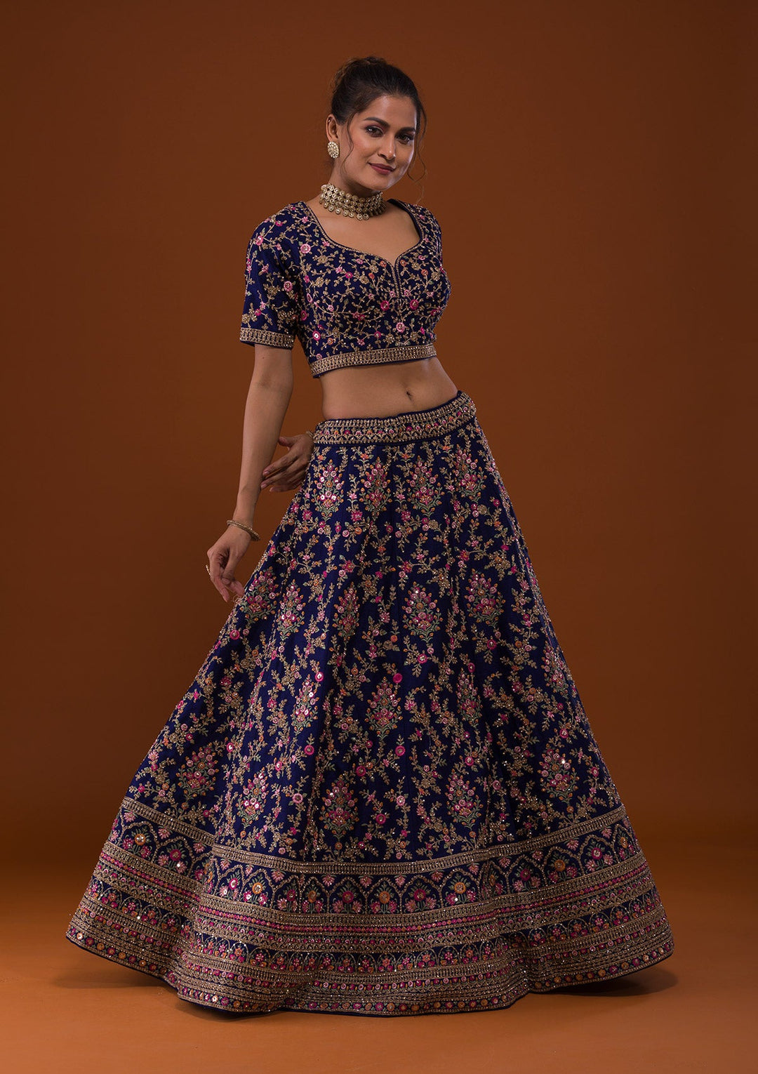 Navy Blue Silver Stonework Raw Silk Designer Lehenga-Koskii