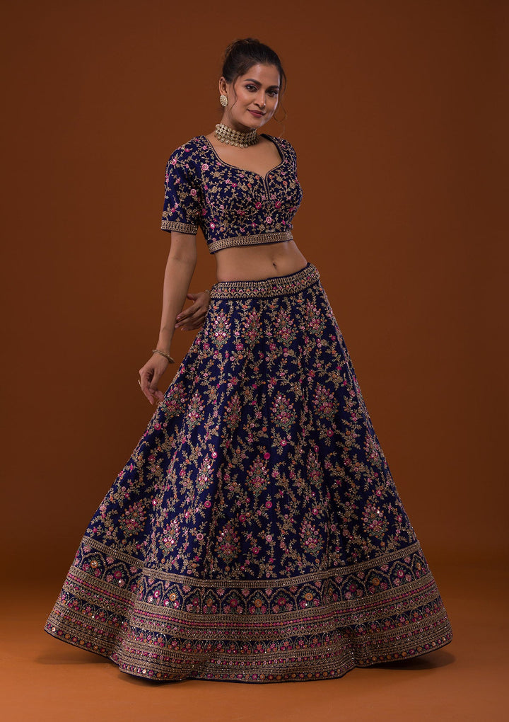 Navy Blue Silver Stonework Raw Silk Designer Lehenga-Koskii