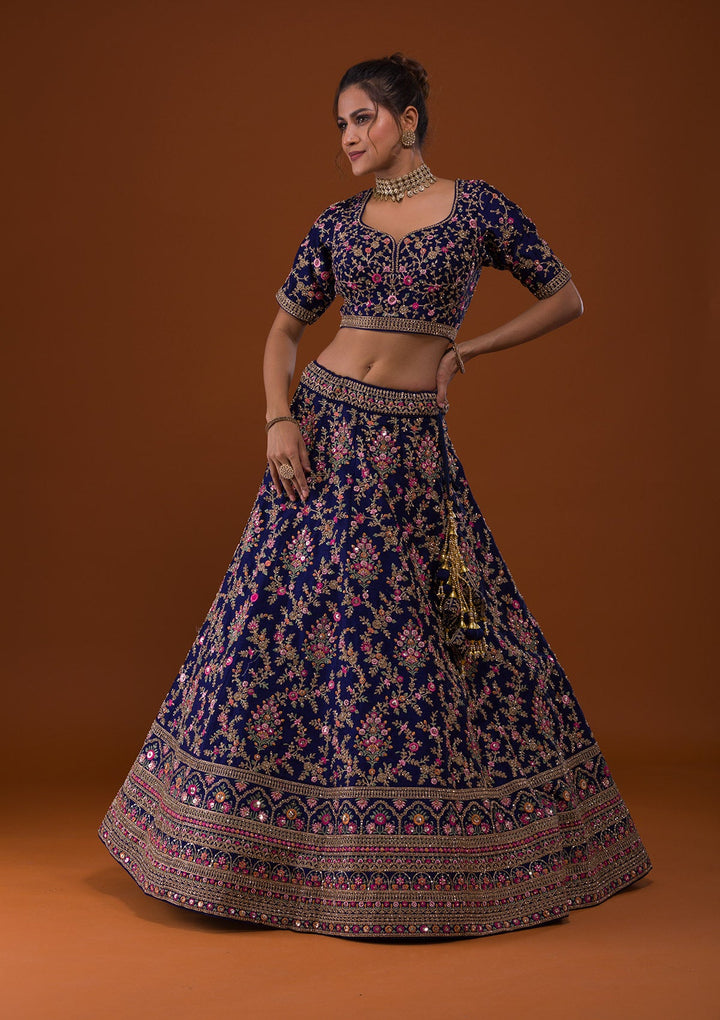Navy Blue Silver Stonework Raw Silk Designer Lehenga-Koskii