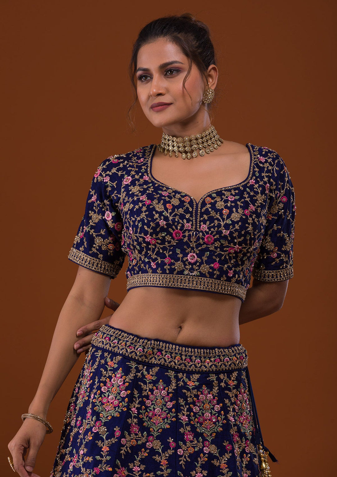 Navy Blue Silver Stonework Raw Silk Designer Lehenga-Koskii