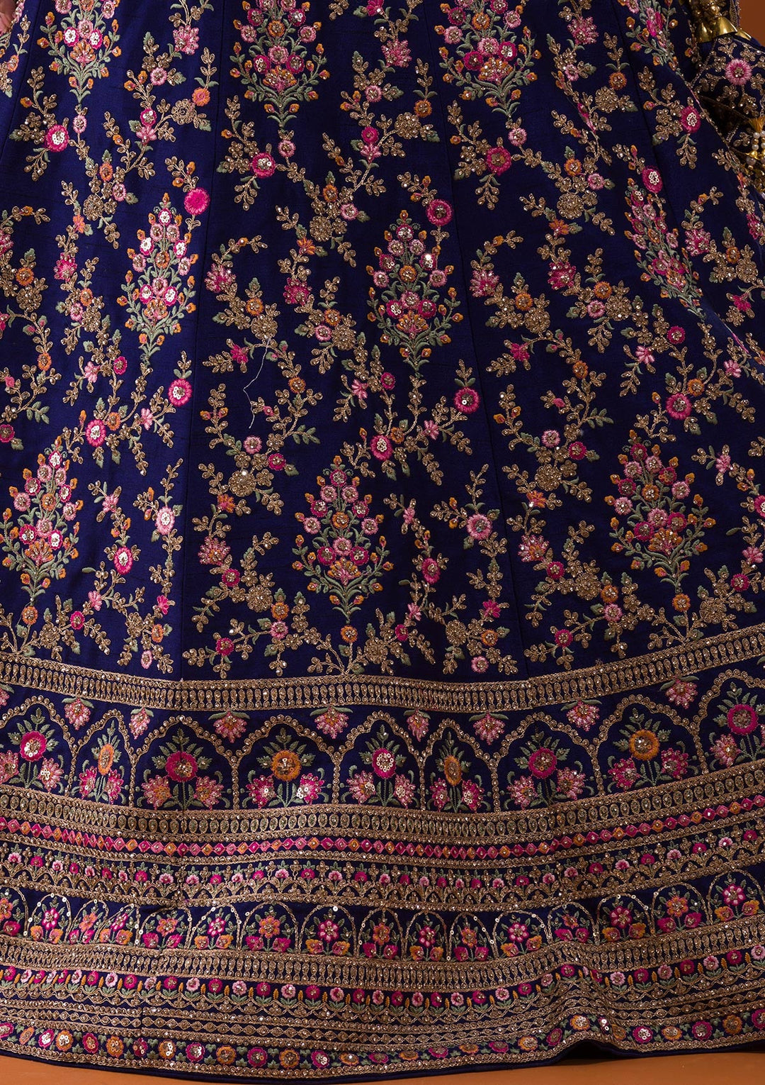 Navy Blue Silver Stonework Raw Silk Designer Lehenga-Koskii
