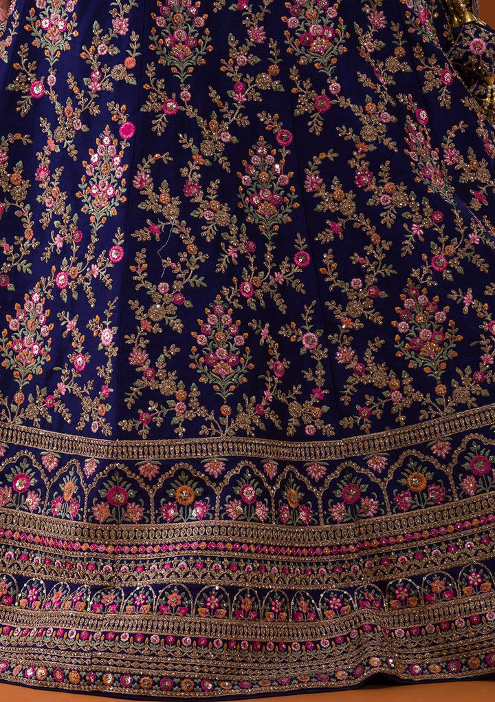 Navy Blue Silver Stonework Raw Silk Designer Lehenga-Koskii