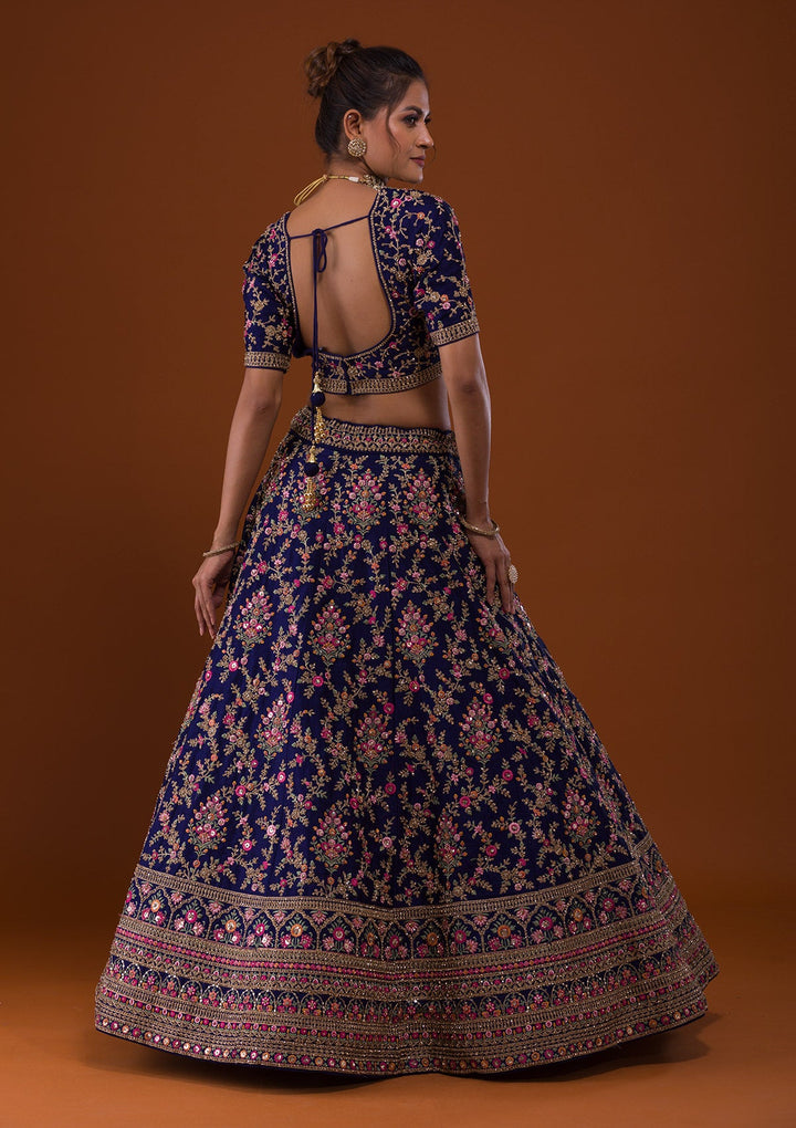 Navy Blue Silver Stonework Raw Silk Designer Lehenga-Koskii