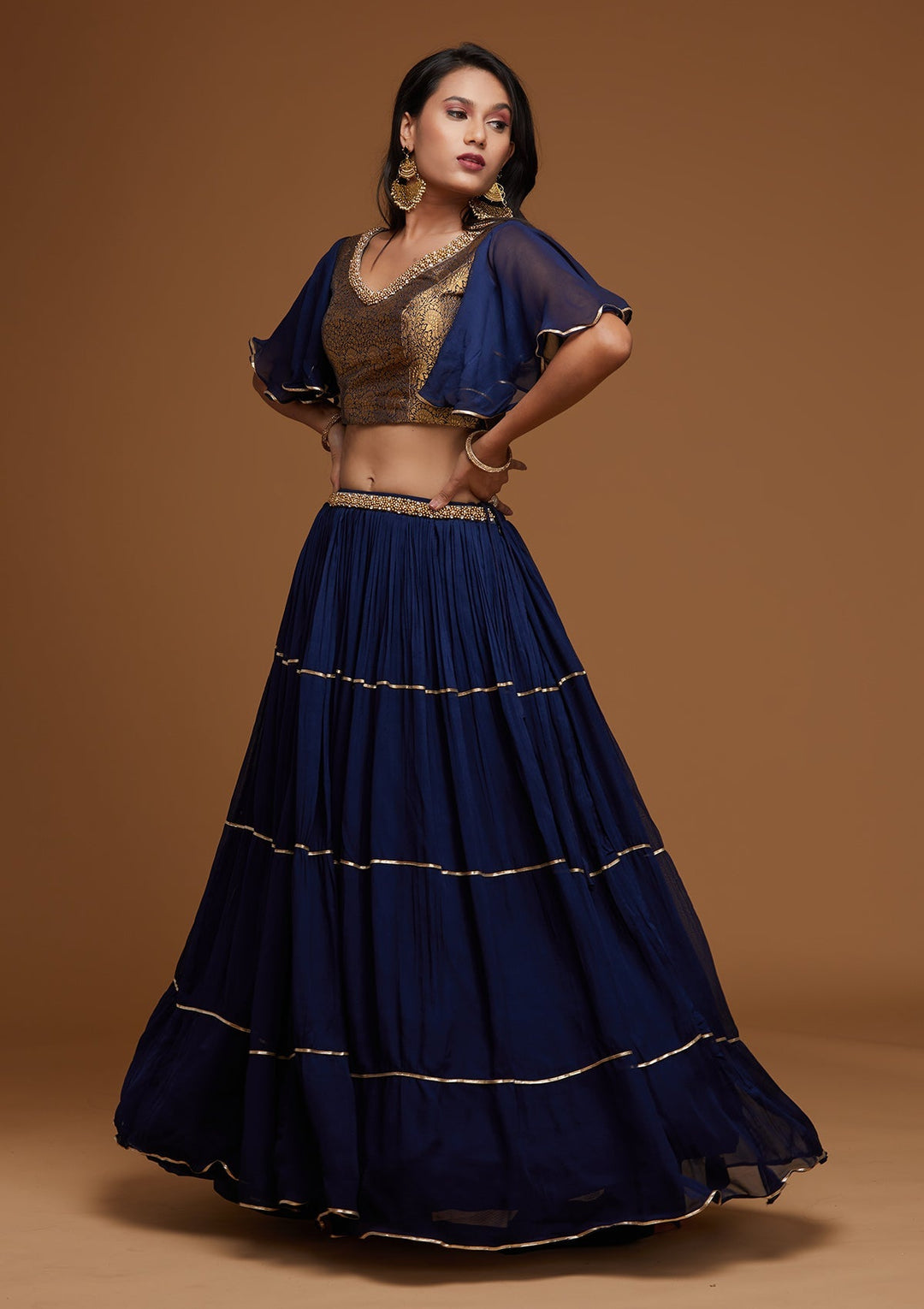 Navy Blue Stonework Georgette Designer Lehenga - Koskii