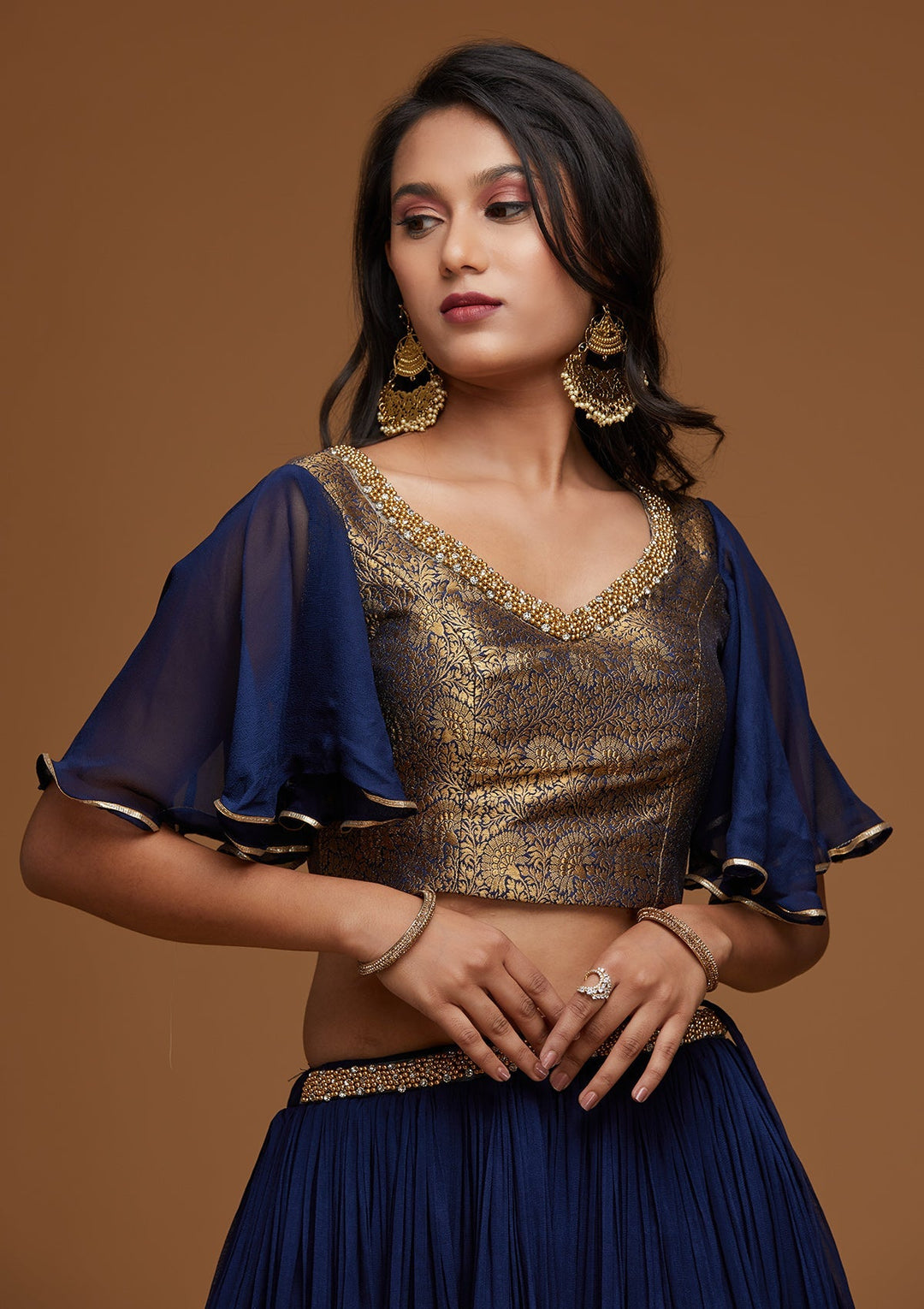 Navy Blue Stonework Georgette Designer Lehenga - Koskii