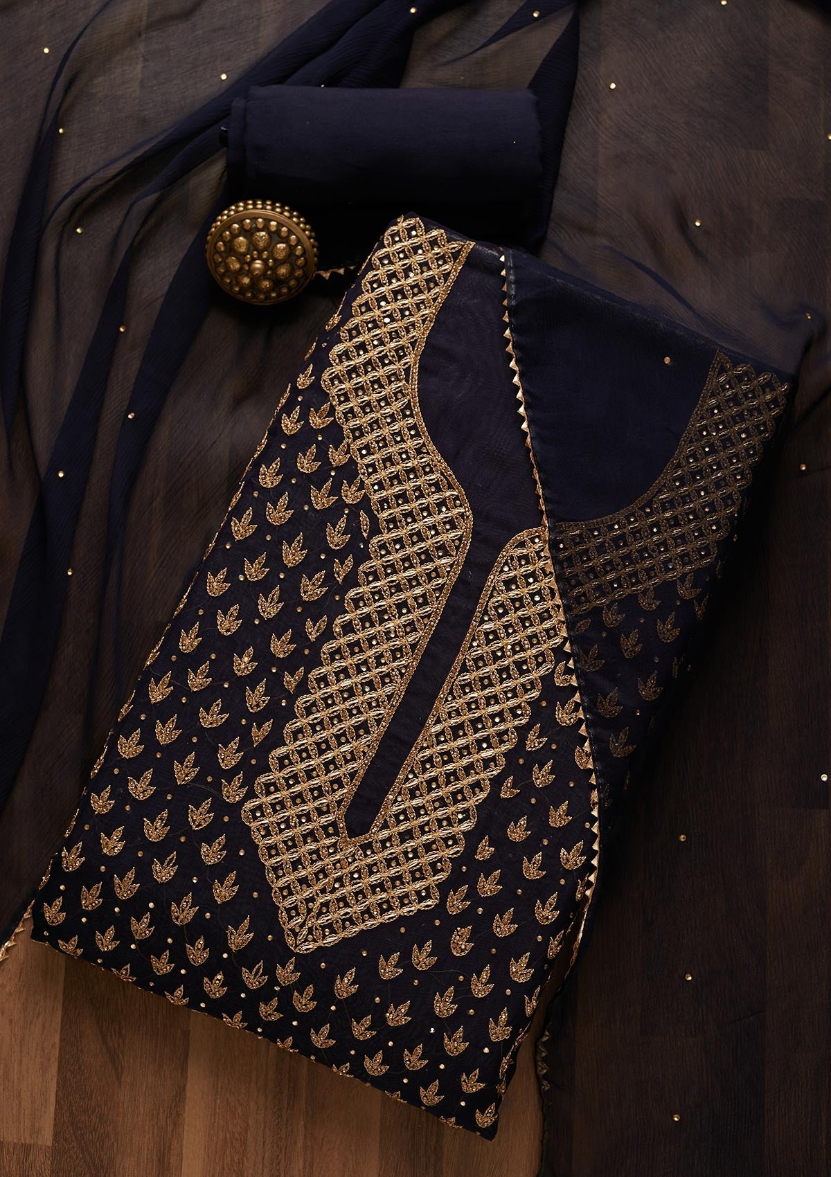Navy Blue Stonework Georgette Unstitched Salwar Suit-Koskii