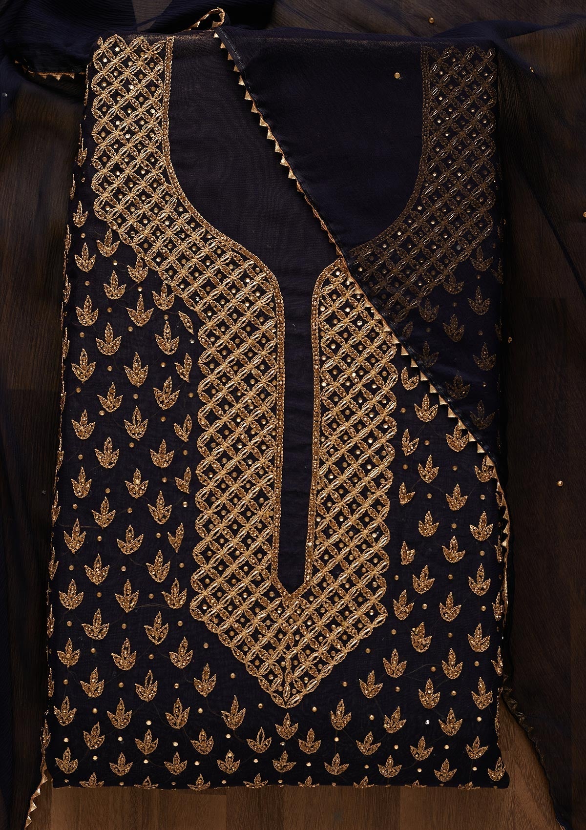 Navy Blue Stonework Georgette Unstitched Salwar Suit-Koskii