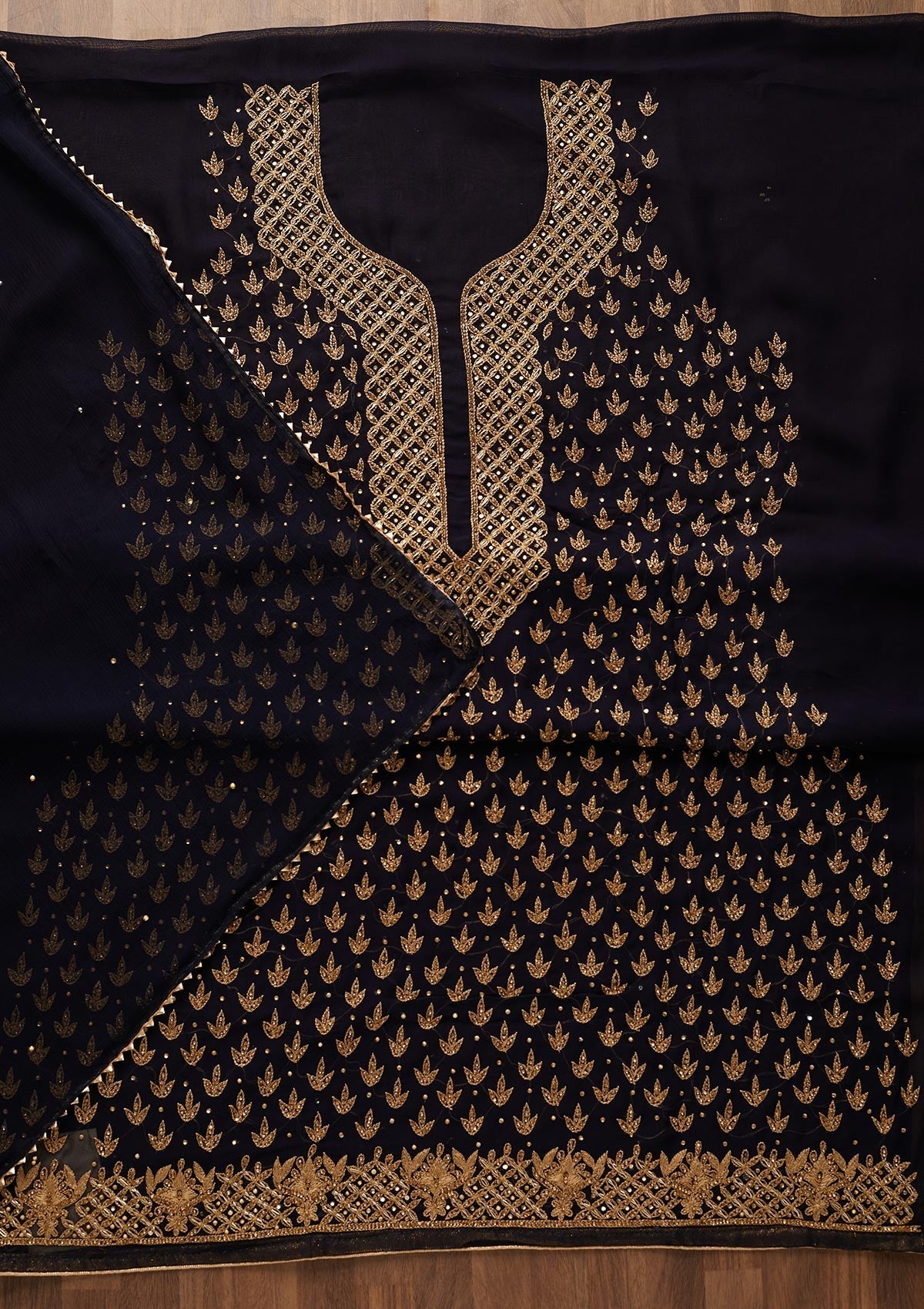 Navy Blue Stonework Georgette Unstitched Salwar Suit-Koskii