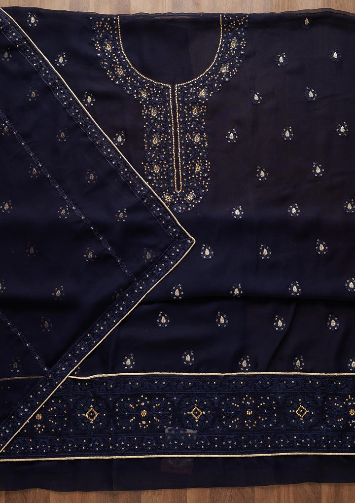 Navy Blue Stonework Georgette  Unstitched Salwar Suit - Koskii