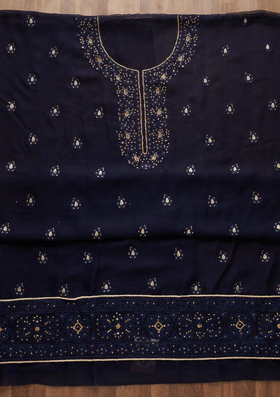 Navy Blue Stonework Georgette  Unstitched Salwar Suit - Koskii
