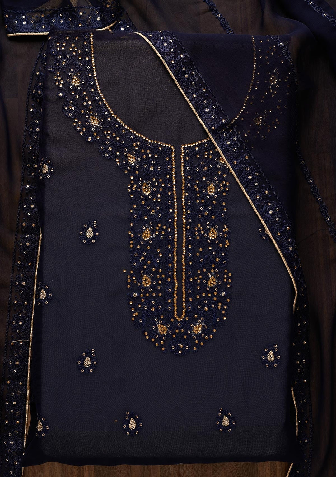 Navy Blue Stonework Georgette  Unstitched Salwar Suit - Koskii
