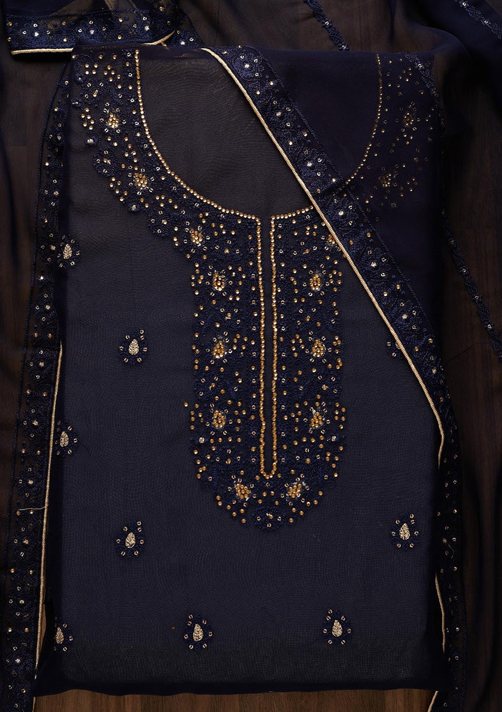 Navy Blue Stonework Georgette  Unstitched Salwar Suit - Koskii