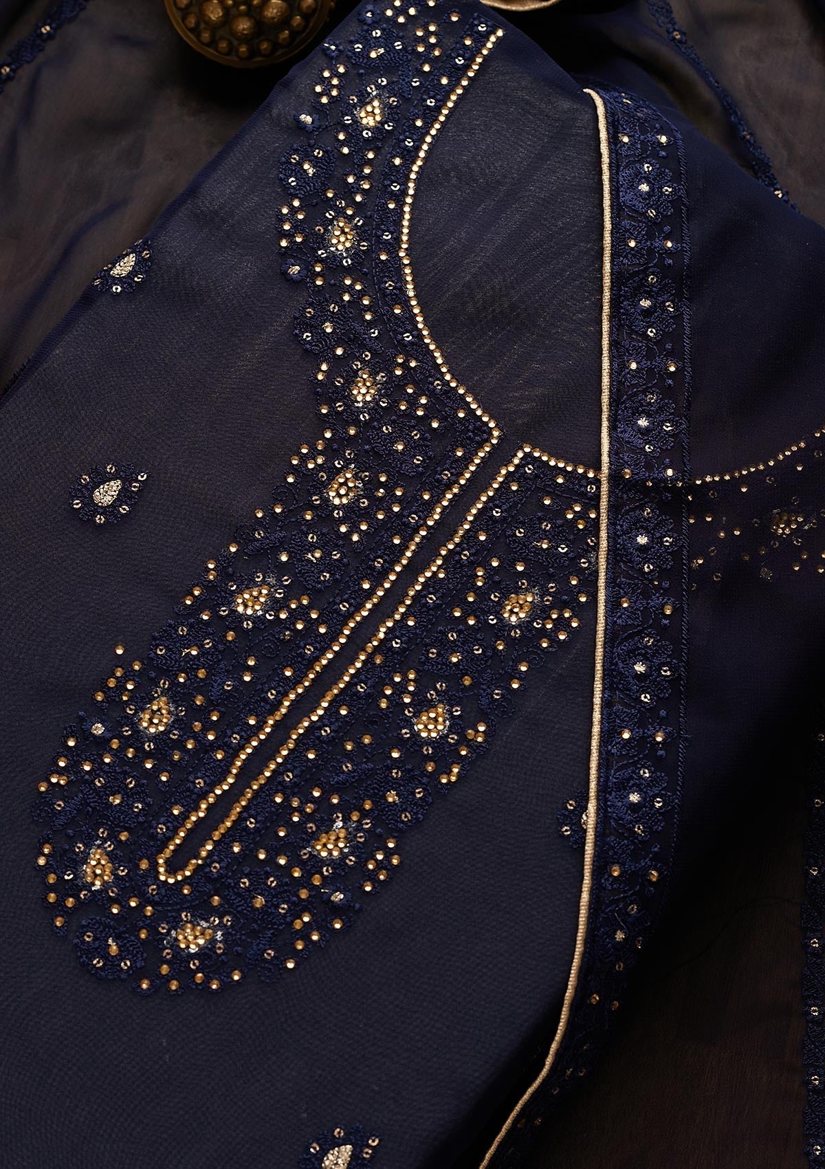 Navy Blue Stonework Georgette  Unstitched Salwar Suit - Koskii