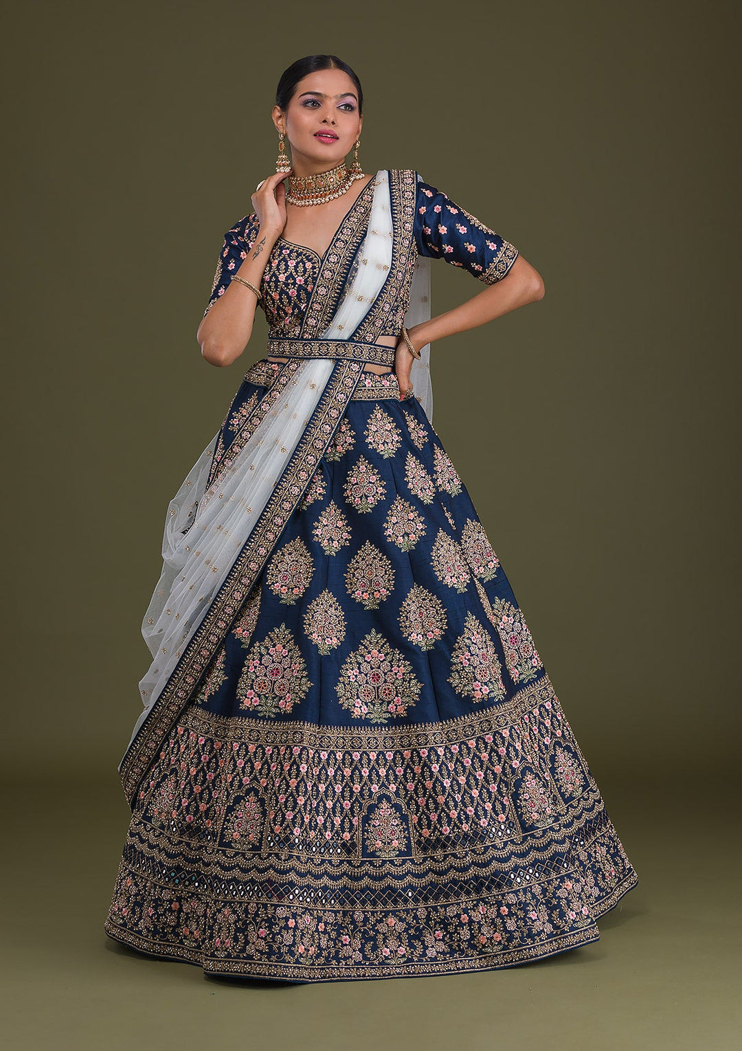 Navy Blue Stonework Raw Silk Readymade Lehenga-Koskii