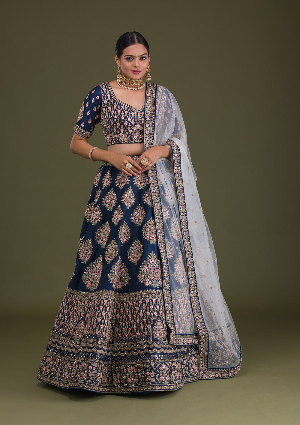 Navy Blue Stonework Raw Silk Readymade Lehenga-Koskii