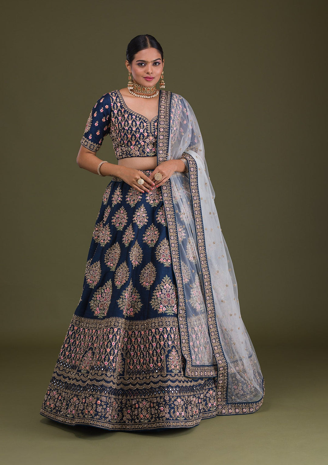 Navy Blue Stonework Raw Silk Readymade Lehenga-Koskii