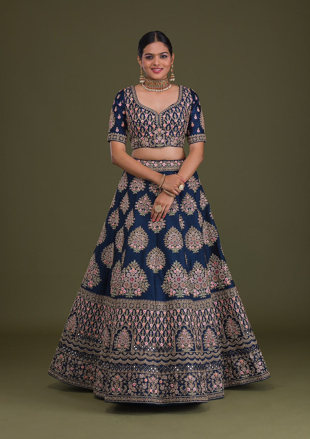 Navy Blue Stonework Raw Silk Readymade Lehenga-Koskii