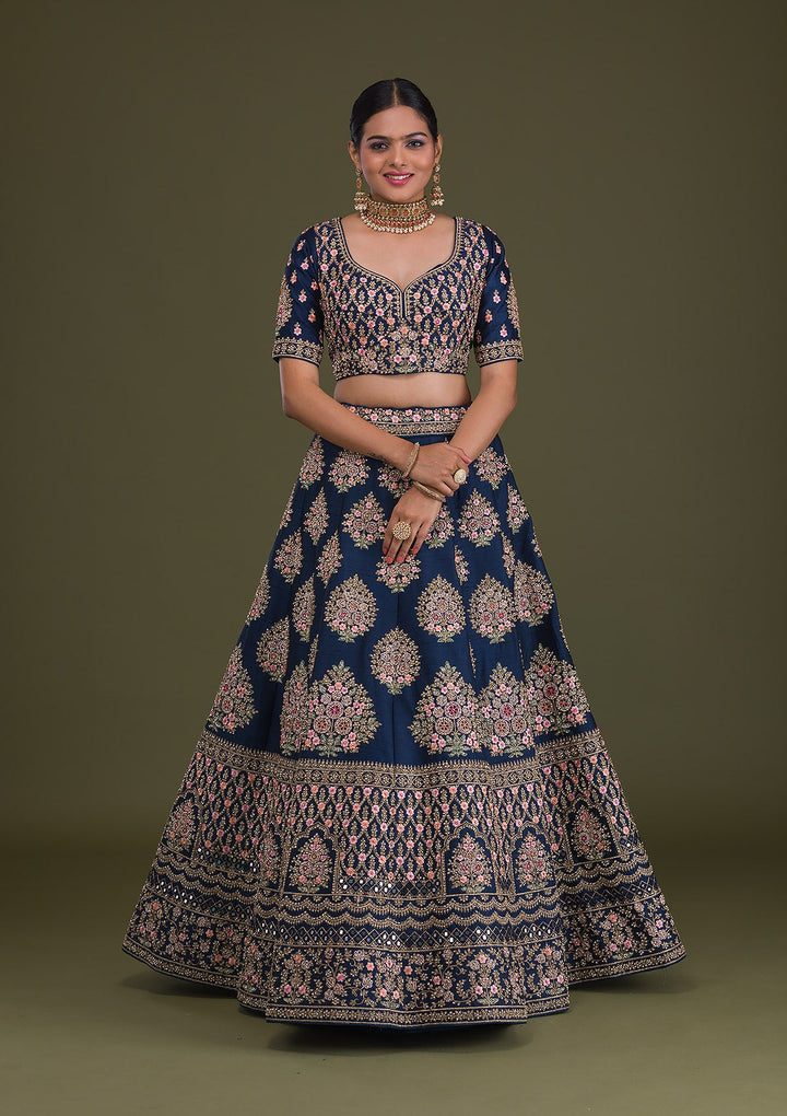 Navy Blue Stonework Raw Silk Readymade Lehenga-Koskii