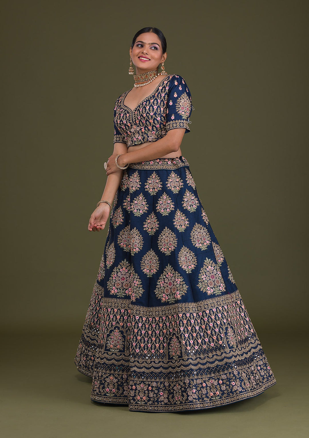 Navy Blue Stonework Raw Silk Readymade Lehenga-Koskii