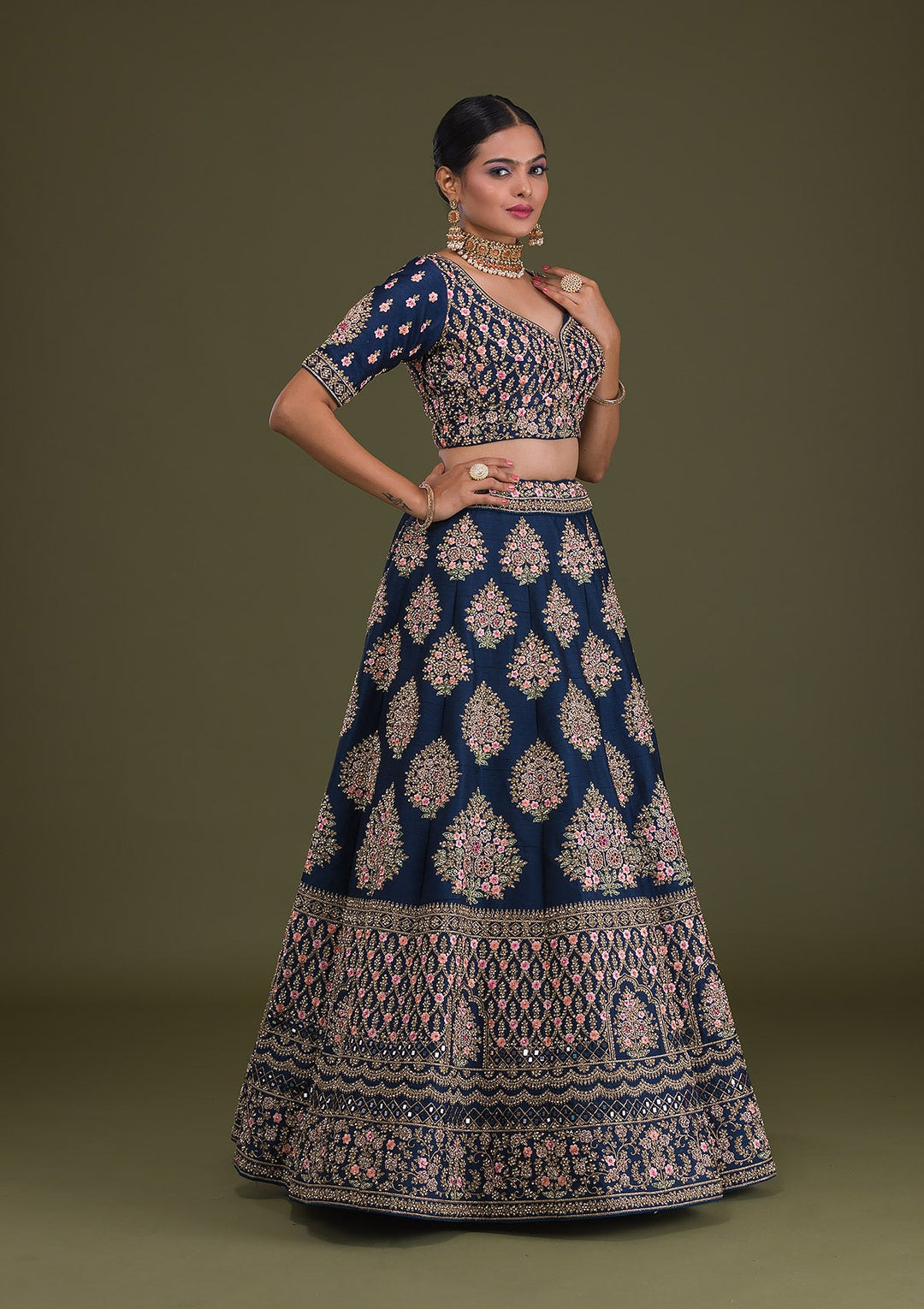 Navy Blue Stonework Raw Silk Readymade Lehenga-Koskii