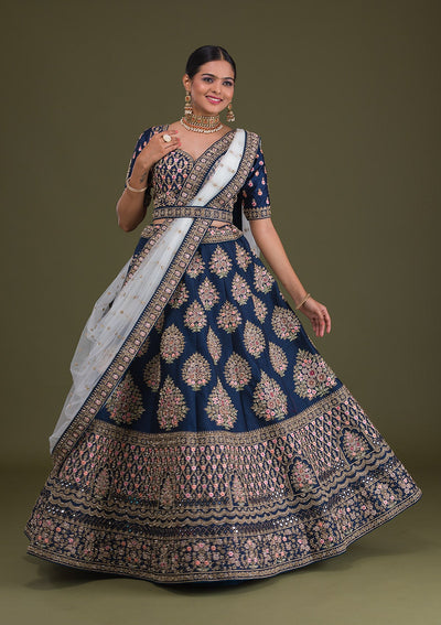 Navy Blue Stonework Raw Silk Readymade Lehenga-Koskii