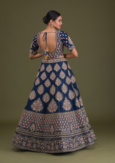 Navy Blue Stonework Raw Silk Readymade Lehenga-Koskii