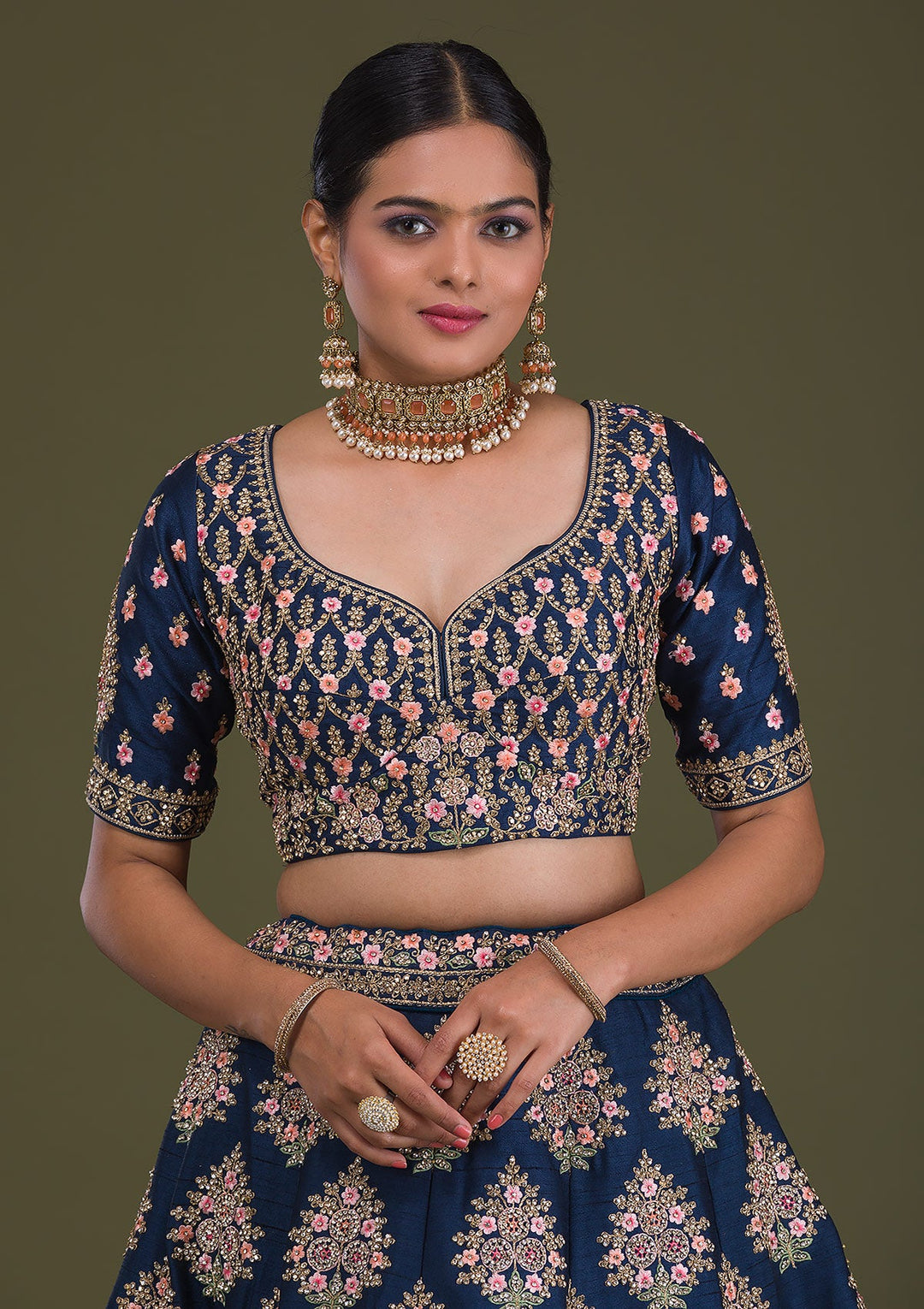 Navy Blue Stonework Raw Silk Readymade Lehenga-Koskii